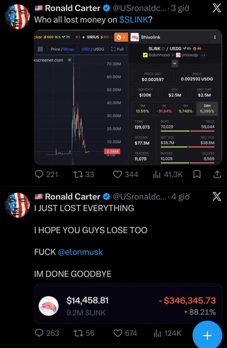 Two X posts by Ronald Carter (@USronaldc) showing tweets about losing money on $LINK, including "I JUST LOST EVERYTHING" and a $346,345.73 loss on 9.2M SLINK.