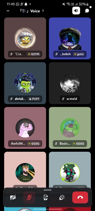 A screenshot of a mobile app voice chat interface displaying a grid of user avatars, including some labeled '*Cra..*', '*Judah*', '*abvick..*', and '*Basic...*' with associated token tickers like '$GOTM', 'PUFF', 'GGSQ', and 'GGSG'.