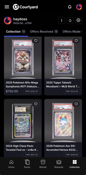 A screenshot of the Courtyard trading card app showing user 'haydoss's' collection, featuring Pokémon trading cards including a 2025 Pokémon M1s-Mega Symphonia and 2025 Topps Takashi Murakami card, with prices listed in FMV (e.g., $750.00, $24.50).