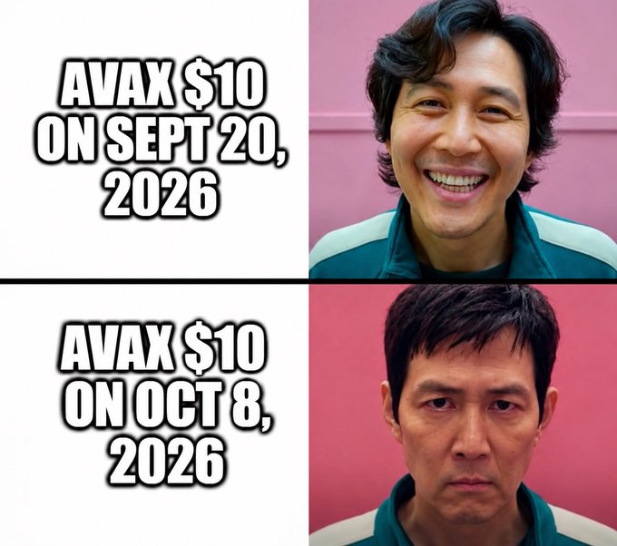 A two-panel Squid Game meme showing the player 456 character happy at the top and sad at the bottom, with text predicting AVAX at $10 on Sept 20, 2026 vs Oct 8, 2026.