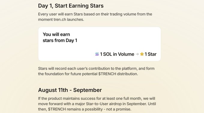 The image shows a "Day 1, Start Earning Stars" announcement from tren.ch, detailing that users earn 1 Star for every 1 SOL in trading volume starting from launch, with Stars potentially forming the foundation for a $TRENCH airdrop distribution in September. This aligns with the post about tren.ch launching an attention market where trading volume translates to Stars that could lead to a $TRENCH token distribution, with signup currently only requiring X account connection.