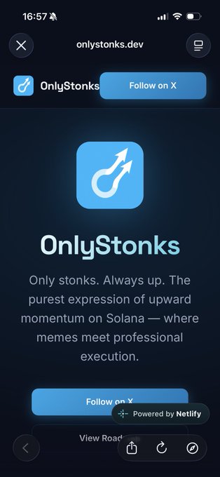 A mobile web page for 'onlystonks.dev' promoting 'OnlyStonks' with the tagline 'Only stonks. Always up. The purest expression of upward momentum on Solana.'