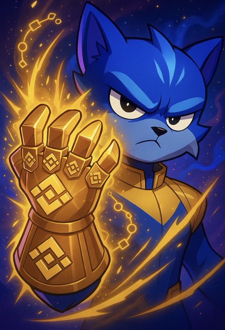 A digital illustration of an angry blue cartoon cat character wearing a golden Infinity Gauntlet that glows with yellow energy.