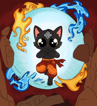 A cartoon illustration of a black cat character in orange martial arts pants, positioned in front of a glowing portal surrounded by orange and blue flames.