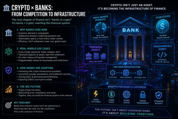 An infographic titled 'CRYPTO x BANKS: FROM COMPETITION TO INFRASTRUCTURE' detailing the integration of crypto and traditional banking, featuring sections on tokenized assets, stablecoins, and on-chain infrastructure.