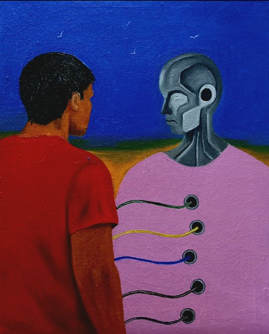 A surreal oil painting on canvas depicts a man in a red shirt facing a metallic, robot-like humanoid in pink with colorful wires extending from its body against a deep blue night sky. The "GM Oil on canvas" caption appears to credit the artist (likely initials) and medium, suggesting this thought-provoking piece explores themes of human-AI connection or coexistence.