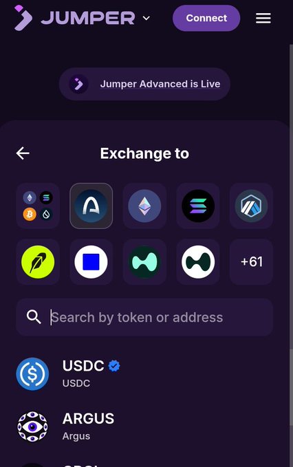 A screenshot of the Jumper cryptocurrency exchange app showing the 'Exchange to' selection screen with various token icons including USDC and ARGUS visible, and a search bar for 'Search by token or address'.