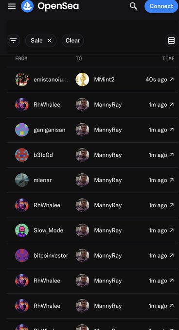 A screenshot of an OpenSea transaction feed showing multiple recent sales of WastelandRH NFTs, with many purchases made by user "MannyRay" within the last minute, demonstrating high activity and excitement around the just-revealed collection.