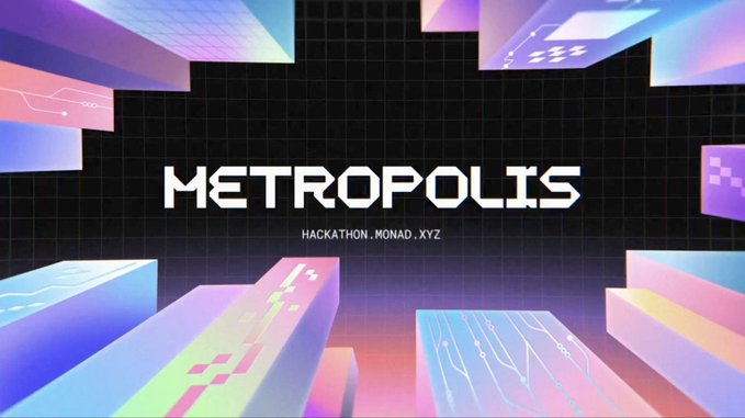 A retro-futuristic digital banner with the text 'METROPOLIS' and 'HACKATHON.MONAD.XYZ' over floating neon-lit geometric shapes on a grid background.