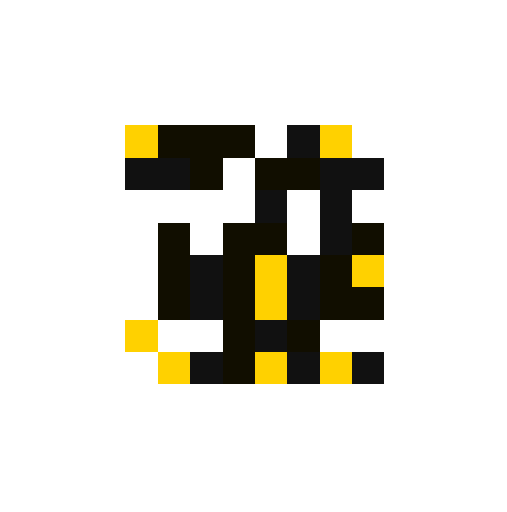 A pixel art design resembling a Bitcoin logo composed of yellow and black squares on a white background.