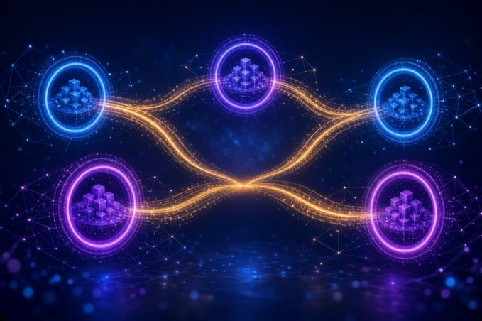 An abstract digital artwork featuring glowing neon circles in blue and purple connected by golden flowing energy streams against a dark blue background with network-like patterns.