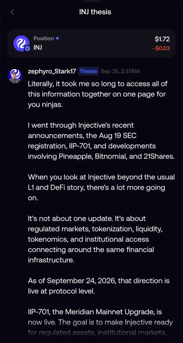 A screenshot of an 'INJ thesis' document discussing Injective ($INJ) cryptocurrency, covering topics like the Aug 19 SEC registration, IIP-701 Meridian Mainnet Upgrade, and partnerships with Pineapple, Bitnomial, and 21Shares.