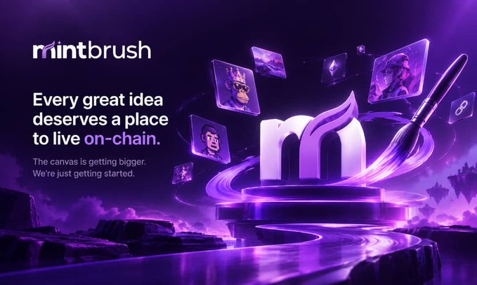 A Mintbrush advertisement features a purple-themed 3D scene with a stylized 'm' logo, NFT art cards, and a paintbrush, accompanied by the text 'Every great idea deserves a place to live on-chain.'