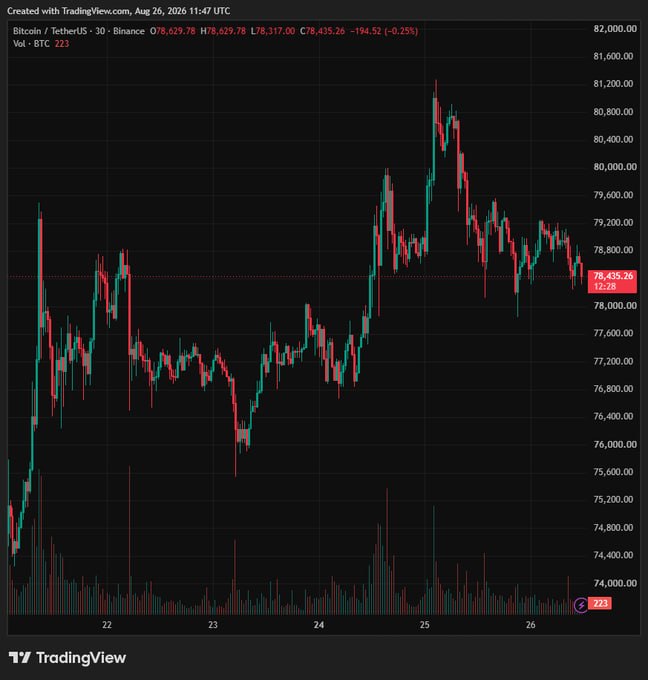 A TradingView candlestick chart for Bitcoin/TetherUS (BTCUSDT) on Binance, showing a slight decline of -0.25% to 78,435.26, dated August 26, 2026.