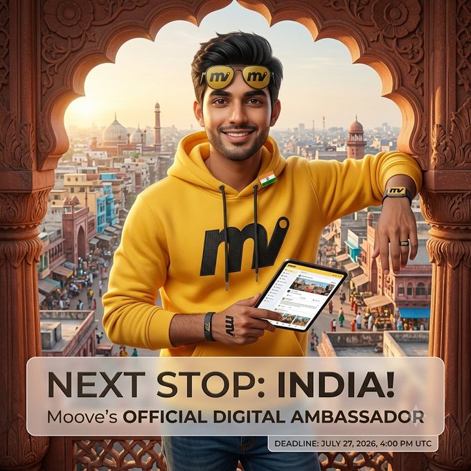 A promotional poster titled 'NEXT STOP: INDIA!' announcing 'Moove's Official Digital Ambassador' featuring a man in a yellow 'mv' hoodie with sunglasses and an Indian flag patch, holding a tablet, with a cityscape backdrop and 'DEADLINE: JULY 27, 2026, 4:00 PM UTC' text.