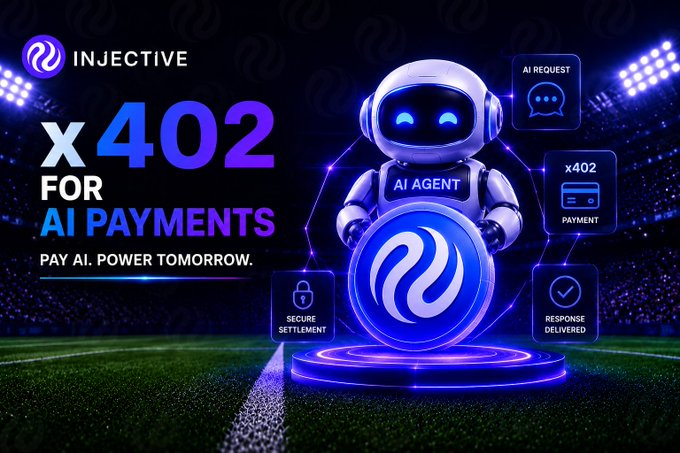 A promotional graphic for "INJECTIVE x402 FOR AI PAYMENTS" with the tagline "PAY AI. POWER TOMORROW.", featuring a white robot holding an Injective logo coin, surrounded by features like "AI REQUEST", "x402 PAYMENT", "SECURE SETTLEMENT", and "RESPONSE DELIVERED".