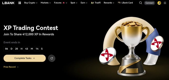 A webpage screenshot for LBank cryptocurrency exchange advertising an "XP Trading Contest" with 412,000 XP in rewards, featuring a countdown timer and a trophy graphic.