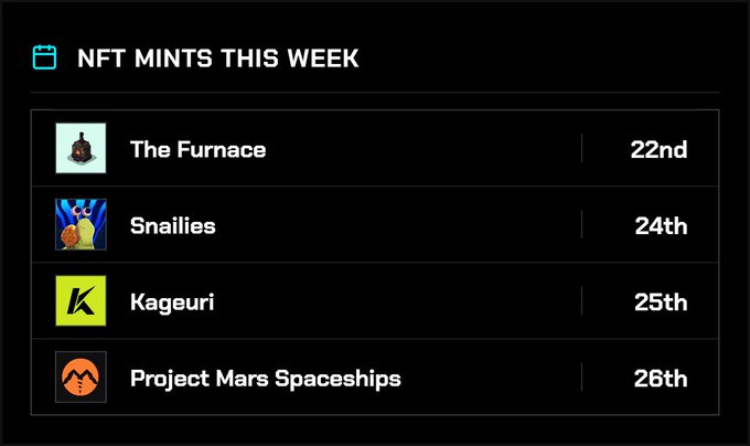 A graphic titled 'NFT MINTS THIS WEEK' listing four upcoming drops: 'The Furnace' on the 22nd, 'Snailies' on the 24th, 'Kageuri' on the 25th, and 'Project Mars Spaceships' on the 26th.