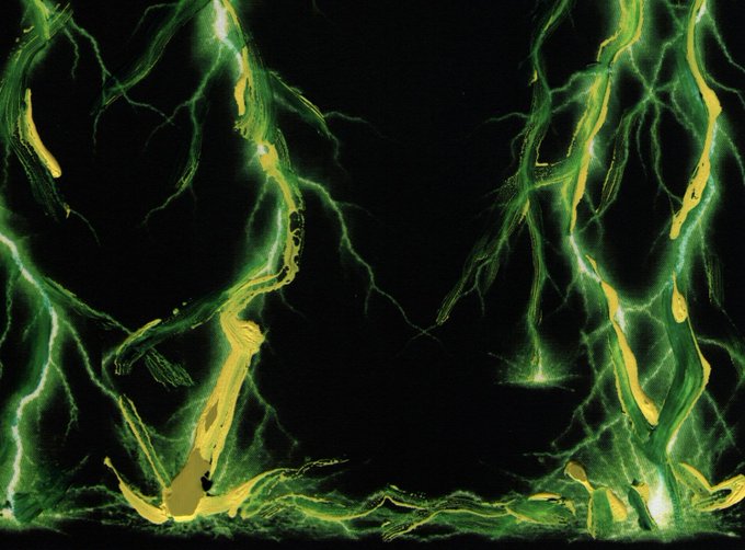An abstract digital artwork features swirling green and yellow lightning-like streaks forming a frame around a dark central void.