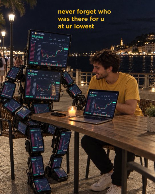 A man in a yellow shirt sits at a waterfront cafe in Hvar at night, smiling at a laptop displaying Bitcoin trading charts (showing ~$4,616.66), while a humanoid figure made of stacked screens showing the same BTC/USD charts stands beside him. The image features the text "never forget who was there for u at ur lowest," referencing Bitcoin's declining price.