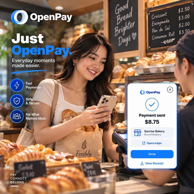 An advertisement for OpenPay features a smiling woman using her phone at a bakery, with text reading 'Just OpenPay. Everyday moments made easier' and 'Payment sent $8.75'.