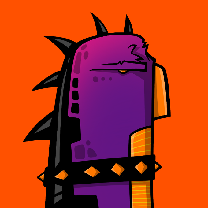 A cartoon-style illustration of a purple spiked character with a stern expression against a bright orange background, featuring gold accents and a studded belt.