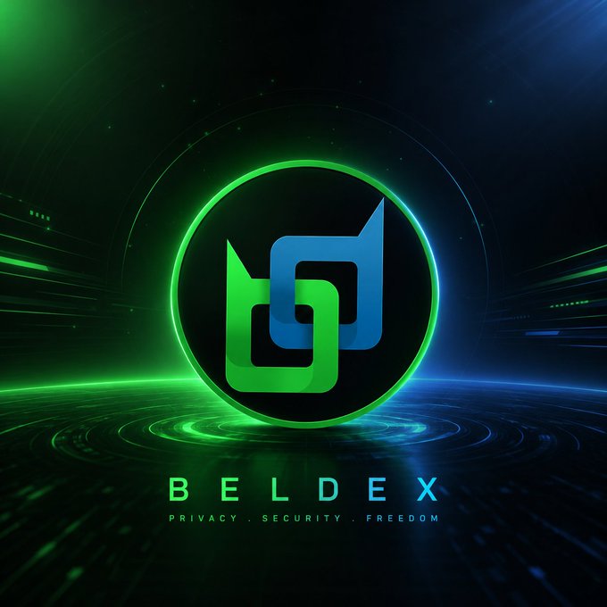 A digital logo for 'BELDEX' with the tagline 'PRIVACY . SECURITY . FREEDOM', featuring a stylized green and blue 'B' symbol on a glowing dark background.