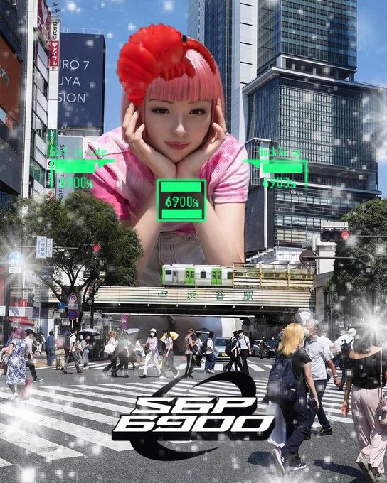 A futuristic cyberpunk-style collage showing a large anime-style girl with pink hair over a Tokyo street scene with the Shibuya station, featuring green digital overlays displaying 'S&P 6900' and '6900$'.