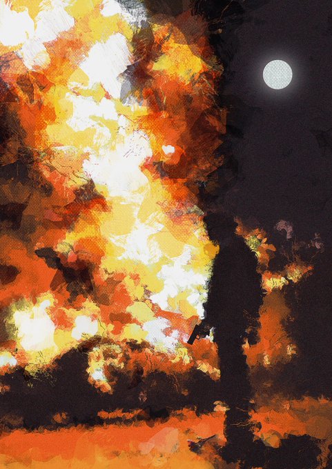 A vibrant, impressionistic depiction of autumn foliage blazing in fiery oranges and yellows under a moonlit night sky, evoking the crisp, beautiful start of a fall morning—perfectly matching the "Gm" (Good morning) sentiment.