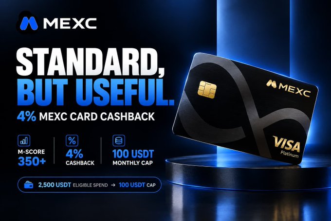 A promotional advertisement for the MEXC Visa Platinum card offering 4% cashback with a 100 USDT monthly cap on 2,500 USDT eligible spend, featuring an M-Score of 350+.