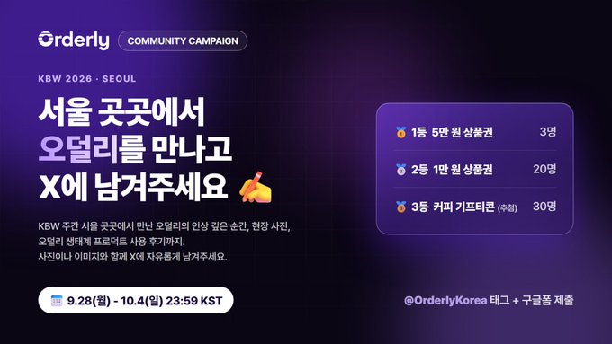 A Korean promotional graphic for "Orderly" Community Campaign "KBW 2026 · SEOUL," offering reward tiers including tokens, NFTs, and coffee gift cards, running from September 28 to October 4, 23:59 KST.