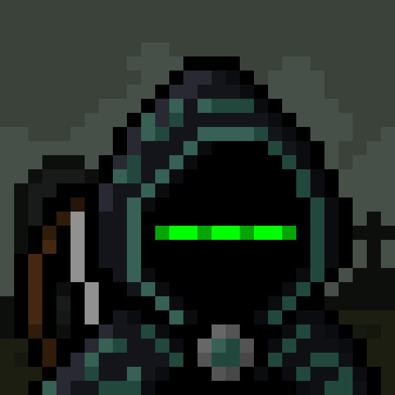 A low-resolution pixel art rendering of a character with a green visor, appearing to be a Cylon Centurion or similar sci-fi robot.