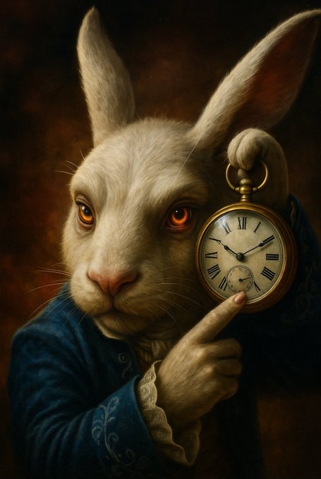 A detailed, classical-style painting features a white rabbit in a blue coat holding a vintage pocket watch and pointing to its face with one finger.