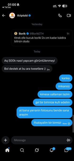 A screenshot of a Twitter DM conversation with @Kriptobi in Turkish, where the user is asked for help reaching 500k followers. The accompanying post reveals they are strategizing with @Kriptobi to hit the 500k milestone, with the recipient humorously offering to share photos and arrange a meetup instead of providing actual growth advice.