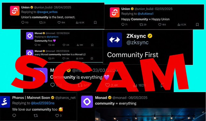 A collage of social media posts from crypto projects (Union, Monad, ZKsync, and Pharos) all emphasizing "Community First," overlaid with the bold red word "SCAM." The image reinforces the post's skeptical tone by suggesting that claims of community-focused blockchain projects like $BASE are deceptive.