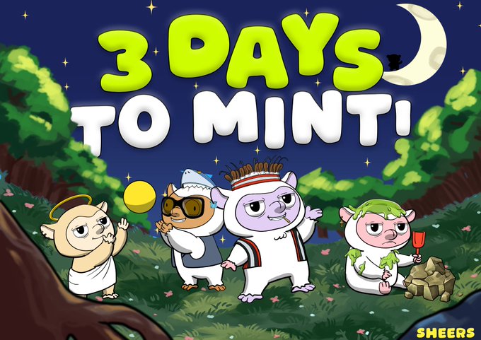 Cartoon illustration with the text "3 DAYS TO MINT!" featuring four mascot characters (a hippo, alpaca, bulldog, and pig) in a nighttime forest setting, with "SMEERS" in the bottom right corner.