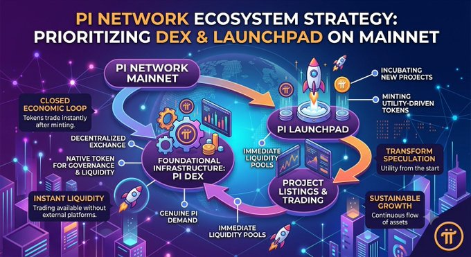 The image is an infographic titled "PI NETWORK ECOSYSTEM STRATEGY: PRIORITIZING DEX & LAUNCHPAD ON MAINNET," illustrating a cycle connecting Pi Network Mainnet, Pi DEX (Foundational Infrastructure), and Pi Launchpad, with labels highlighting benefits like "Closed Economic Loop," "Instant Liquidity," "Minting Utility-Driven Tokens," and "Sustainable Growth." It visually supports the post's argument by mapping out why Pi DEX should be prioritized first as the foundational layer, feeding into the Launchpad and broader ecosystem.