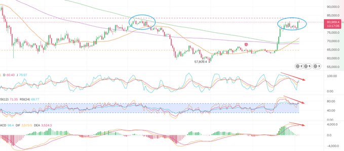 A Bitcoin (BTCUSD) trading chart showing price action around $80,556 with RSI, Stochastic, and Awesome Oscillator indicators, featuring two circled consolidation zones and downward trend arrows.