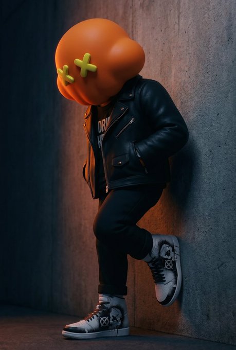A 3D-rendered character wearing an orange oversized head with green X eyes, a black leather jacket, and white high-top sneakers, leaning against a concrete wall.
