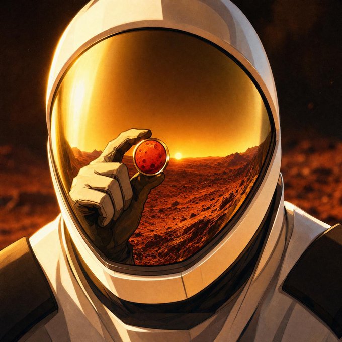 An artistic illustration of an astronaut in a white spacesuit with a golden visor, holding a small red sphere, with a Mars-like reddish landscape and sunset reflected in the visor.