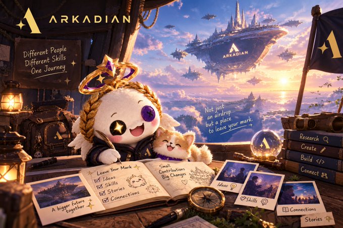A fantasy-themed promotional image for 'ARKADIAN' featuring a cute round character with a crown and a small cat companion, surrounded by books, photos, and floating islands in the background with text 'Different People Different Skills One Journey.'