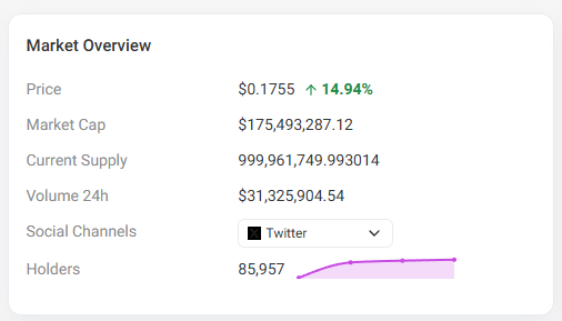 A "Market Overview" card displays cryptocurrency metrics including a price of $0.1755 (up 14.94%), market cap of $175,493,287.12, and notably a holder count of 85,957. The image supports the post's observation by prominently featuring the holders metric, which appears to be the creator's chosen emphasis over the larger market cap figure.