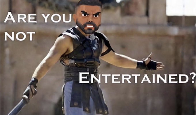 A pixelated gladiator character asks "Are you not entertained?" with an outstretched hand, humorously demanding validation from CT for the Shillin movement being the "greatest" on crypto Twitter. The meme plays on the famous line from Gladiator to express mock frustration that anyone could disagree with the bold claim.