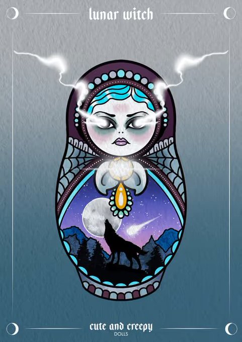 An artistic illustration of a "lunar witch" matryoshka-style doll titled "cute and creepy DOLLS," featuring a pale witch face with closed eyes, a howling wolf silhouette under a moonlit sky, and decorative patterns on a gray background.