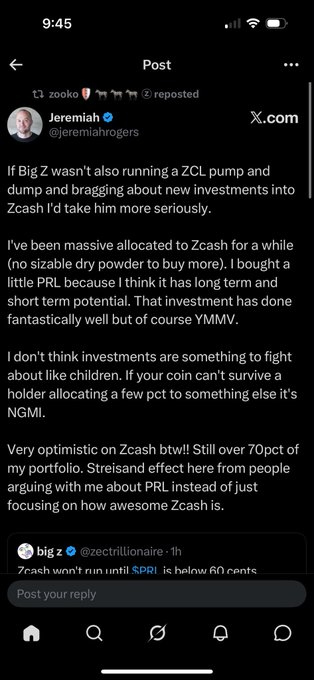 A screenshot of a post on X.com from Jeremiah (@jeremiahhrogers) discussing his crypto allocations between Zcash ($ZCL) and PRL, stating he's been "massive allocated to Zcash" and remains "very optimistic on Zcash btw!! Still over 70pct of my portfolio." The post is being referenced by the accompanying caption defending Zooko against accusations of running a "pump and dump," with the user clarifying it was a guerrilla warfare technique to pressure the Zcash foundation over the dev tax situation.