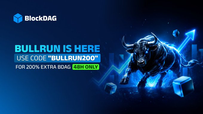 The image is a promotional banner for BlockDAG featuring a charging bull and an upward trending arrow, with text announcing a limited 48-hour "BULLRUN200" code offering 200% extra BDAG during the bull run. It visually reinforces the post's message of market excitement and urgent promotional bonus for the BDAG token.