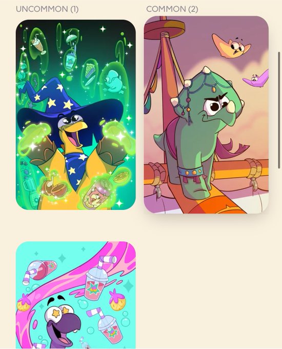 The image shows three cards labeled "UNCOMMON (1)" and "COMMON (2)" featuring colorful cartoon dinosaurs from the "@Claynosaurz" project, directly relating to the post about opening packs and their ongoing airdrop for completed sets.