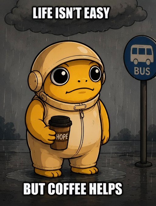 The image features a cartoon frog wearing an orange jumpsuit holding a coffee cup while standing on a wet street. The background shows a bus stop with a sign that reads "BUS STOP", indicating that there might be public transportation nearby. The caption of the image is "Life isn't easy, but coffee helps".