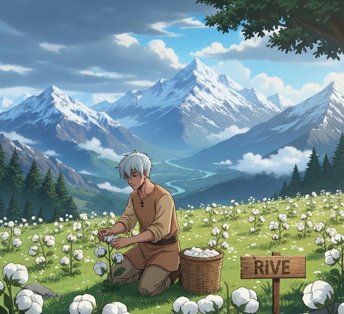 An anime-style illustration of a silver-haired character harvesting cotton in a field with mountains in the background and a sign reading 'RIVE'.
