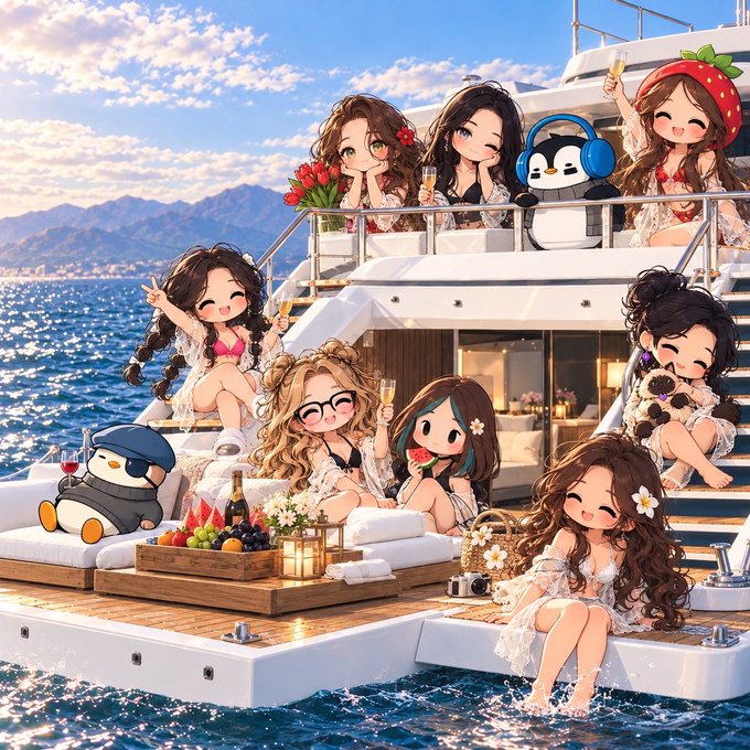 An anime-style illustration depicting a group of cheerful chibi girls and penguins enjoying a luxury yacht party on the ocean, with mountains visible in the background.